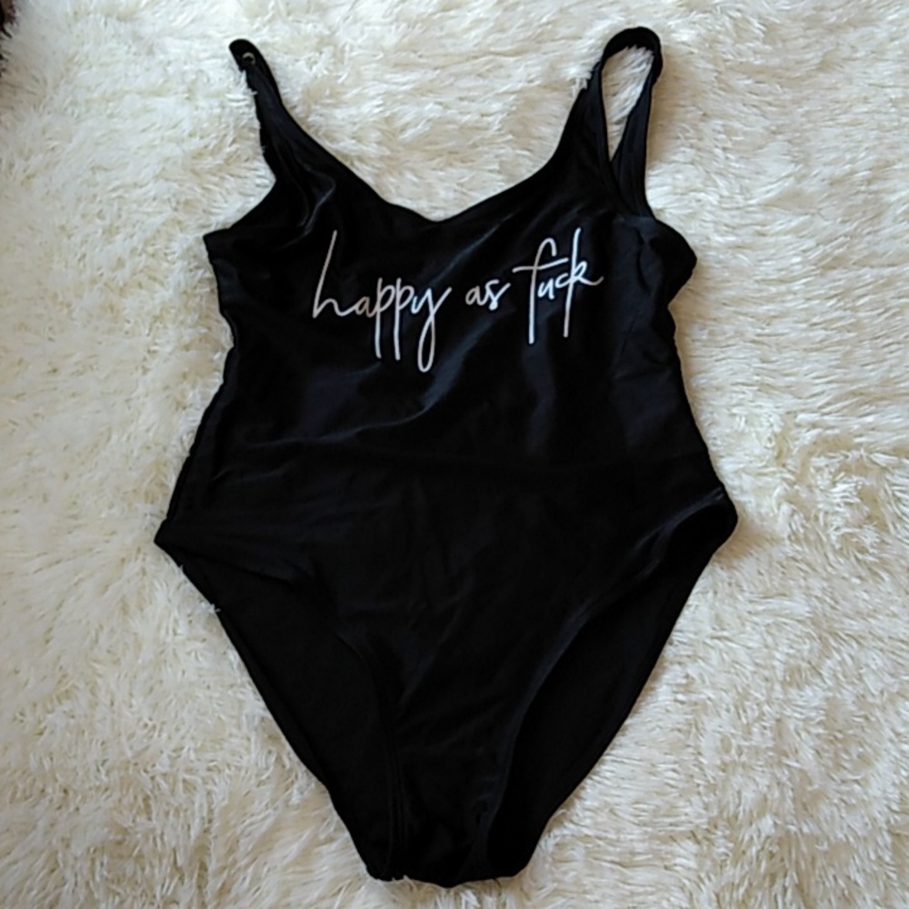 Black one piece bathing swimsuit happy as f#$_&
